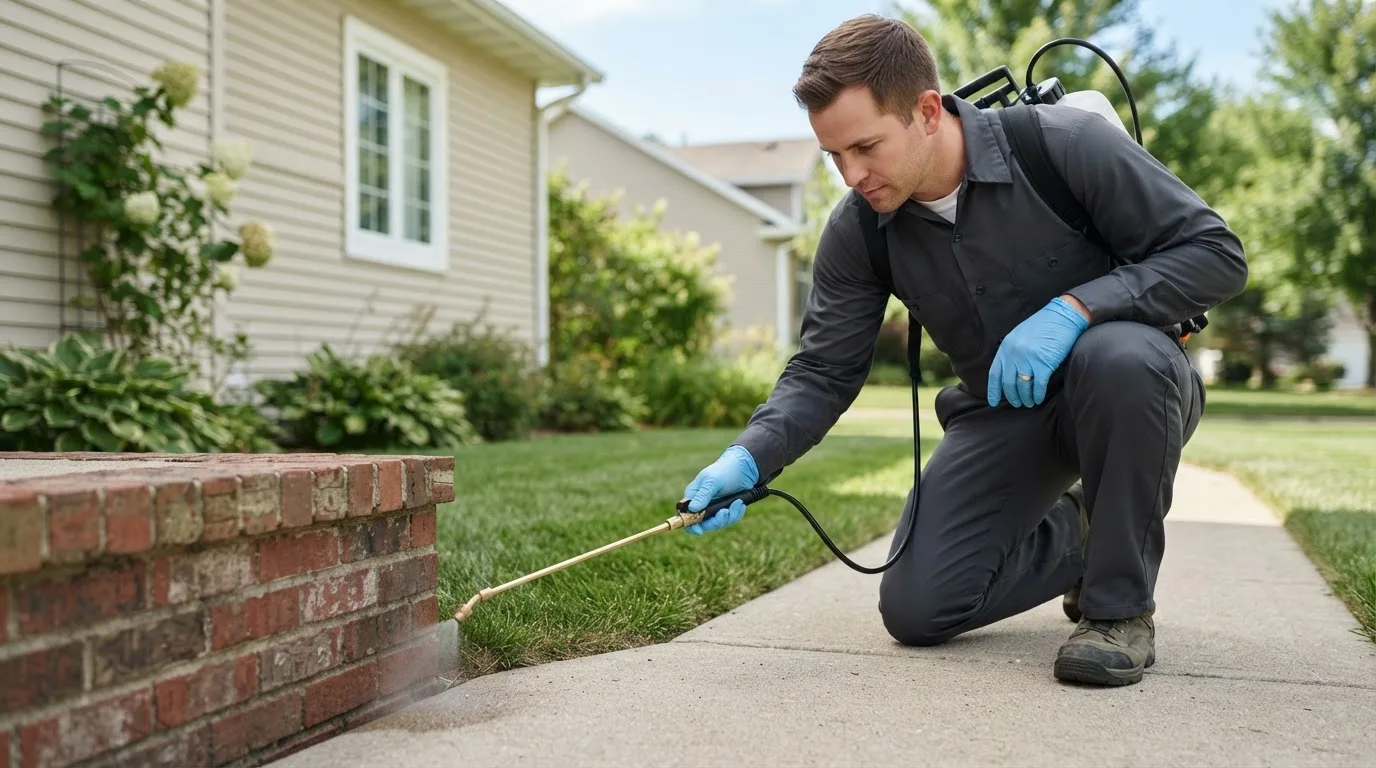 Pest control technician treating a home near Garland, UT